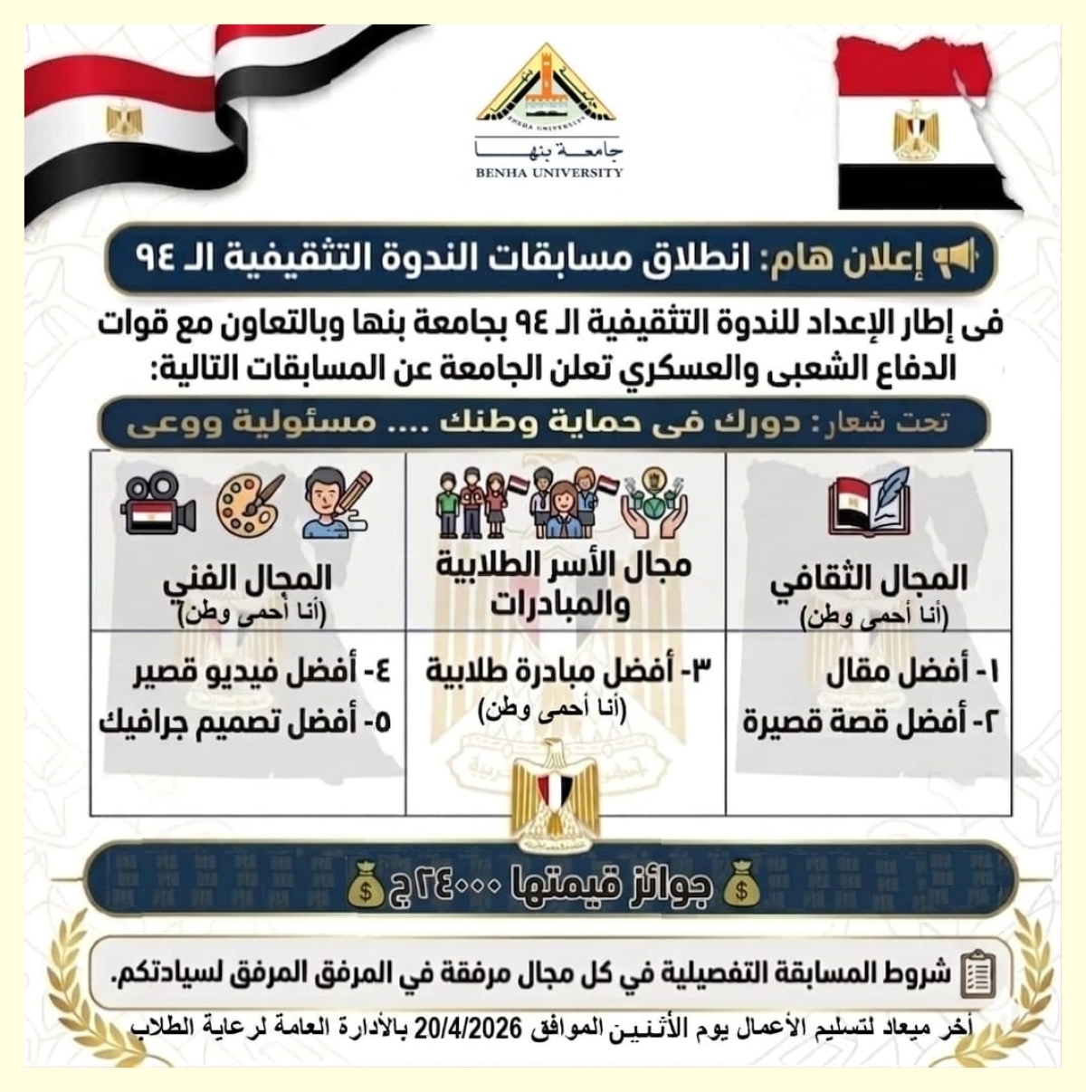 جامعة بنها تعلن عن انطلاق عدة مسابقات تحت شعار دورك في حماية وطنك .. مسئولية ووعي