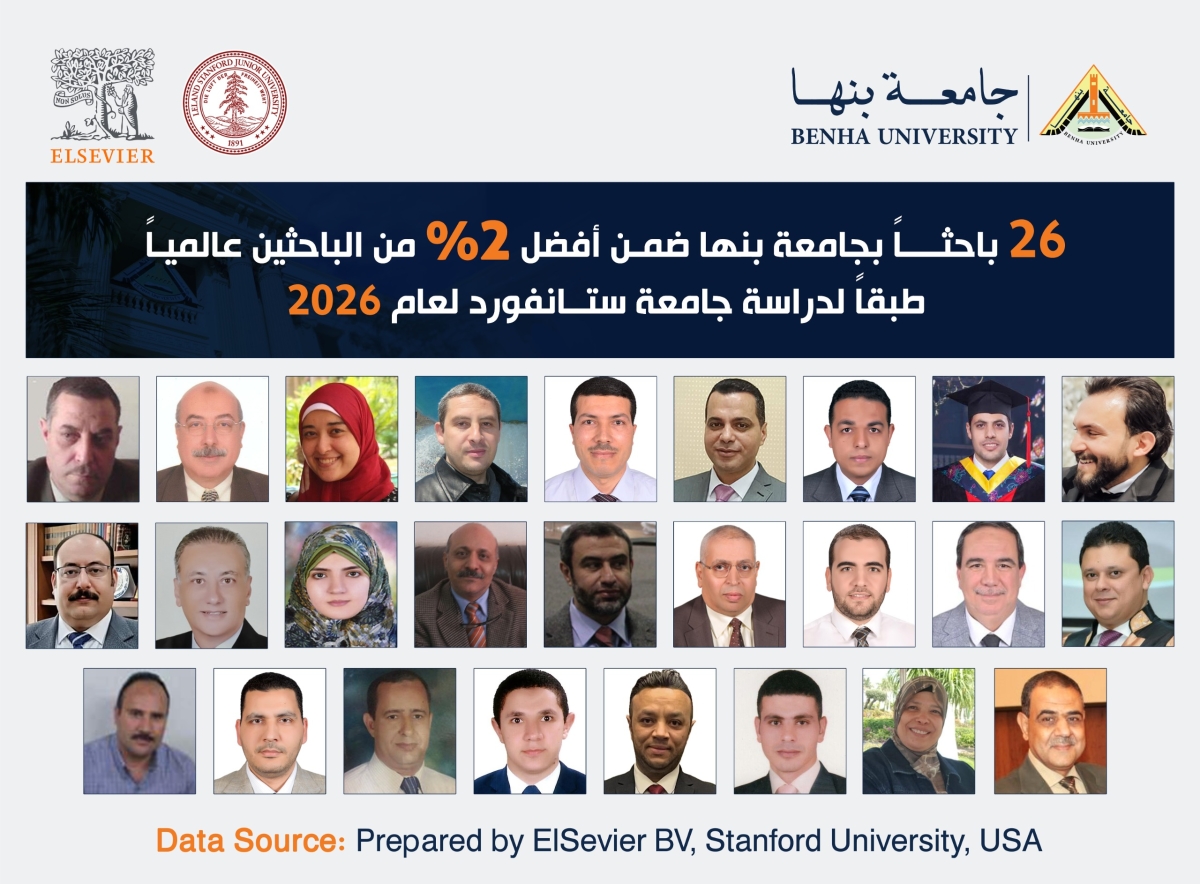26 باحثاً بجامعة بنها ضمن أفضل 2% من الباحثين عالميا لعام 2026 طبقا لدراسة جامعة ستانفورد